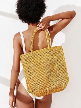 Kayu Woven Tote Bag w. Braided Handles; Yellow